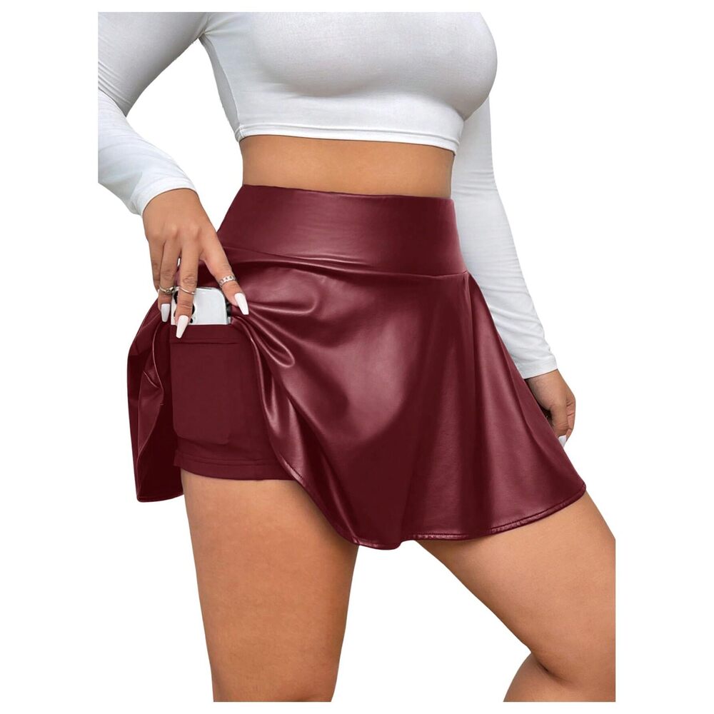 1939 Plus Size PU Leather Ruffle Short Skirts High Waist Pleated Skater